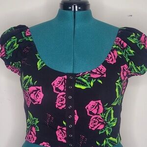 Betsey Johnson Black Crop Top with Pink Floral Design